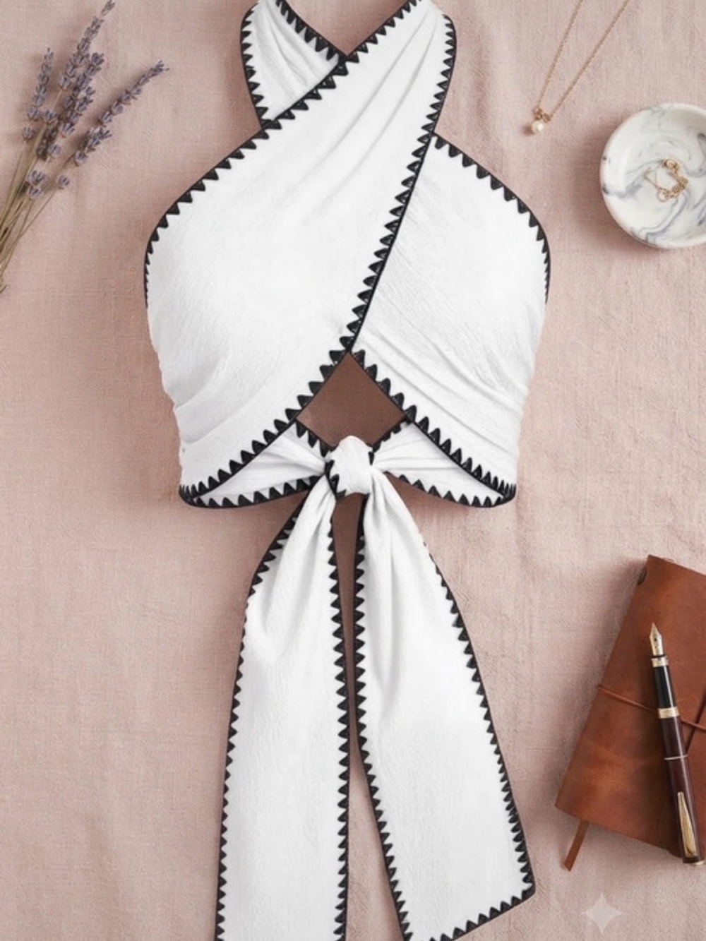White Halter Tie-Front Crop Top with Black Trim